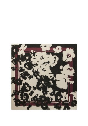 Foulard carré avec un motif floral noir et crème et une bordure rouge foncé sur un fond crème.