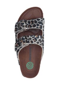 Leopard print sandals featuring two adjustable straps with silver buckles, a brown cushioned footbed, and a spiral logo on the insole.