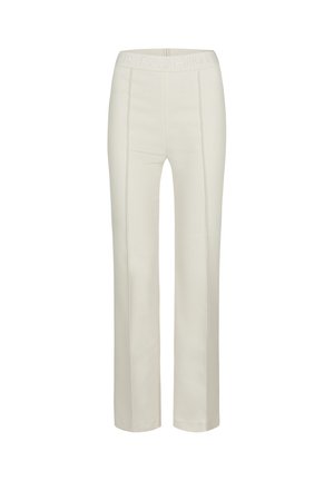 High-waisted, straight-leg cream pants with vertical seam details and an elastic waistband featuring subtle embossed branding.