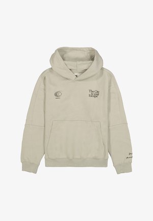 Lichtbeige capuchontrui, katoenmix, met kangoeroezak, geribbelde manchetten en zoom, voorzien van opvallende tekst en logo's op de voorkant en mouw.