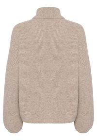 Pull en maille côtelée beige avec de longues manches bouffantes et un col montant court, vu de dos.