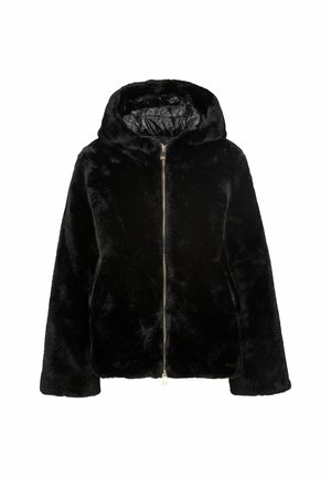 Schwarze Kunstpelzjacke mit Kapuze, vorderem Reißverschluss und glatter Innenauskleidung. Hat eine kastige Form und weite Ärmel.