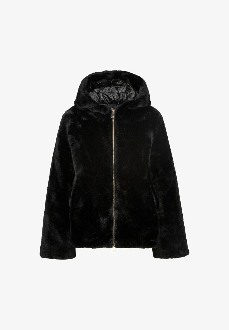 Schwarze Kunstpelzjacke mit Kapuze, vorderem Reißverschluss und glatter Innenauskleidung. Hat eine kastige Form und weite Ärmel.