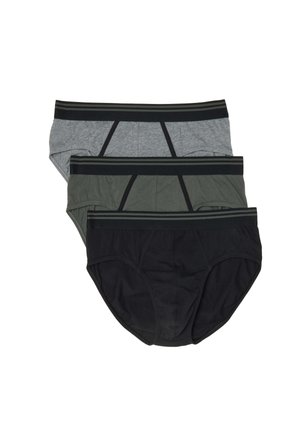 Drei Herren-Slips gestapelt, Farben Grau, Dunkelgrün und Schwarz, jeweils mit einem schwarzen Bund, der zwei dünne graue Streifen hat.