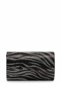 Must käekott musta ja hõbedase värviga, millel on tekstuuriga disain ja laineline struktuur rhinestone'idega sileda metallikmaterjali peal.