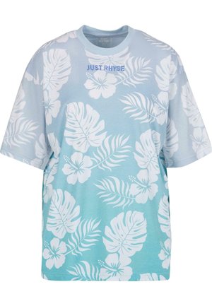 Light blue short-sleeve t-shirt featuring white floral and leaf patterns. Embroidered "JUST RHYSE" text in dark blue on the chest.