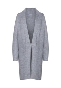 Cardigan grigio in maglia con scollatura a V profonda, apertura frontale, maniche lunghe e due tasche anteriori. Texture morbida e vestibilità comoda.