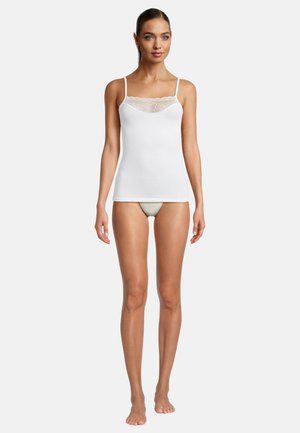 White tank top with thin straps, featuring a lace neckline detail. Smooth cotton fabric, fitted design, and hip-length cut.