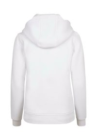 Felpa bianca con cappuccio e cordino, polsini e orlo a coste. Tessuto morbido in cotone misto, texture liscia, design semplice e minimalista.