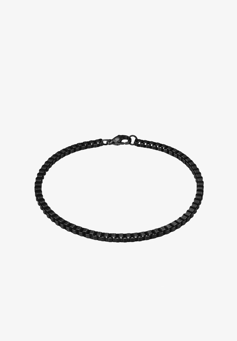 Must päikeseprillid, mis on valmistatud omavahel ühendatud ruudukujulistest linkidest. Omab sileda viimistluse ja tugevat klambrit kindlaks kinnitamiseks.