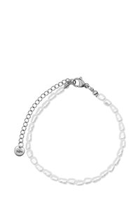 Bracciale in perle bianche con croci ovali, dotato di un gancio a moschettone in argento e di una catena regolabile con un'etichetta circolare contrassegnata "hdm."