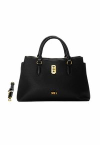 Borsa a tracolla nera in pelle con superficie testurizzata, hardware dorato, doppie maniglie superiori e tracolla rimovibile; presenta il logo sulla parte anteriore.
