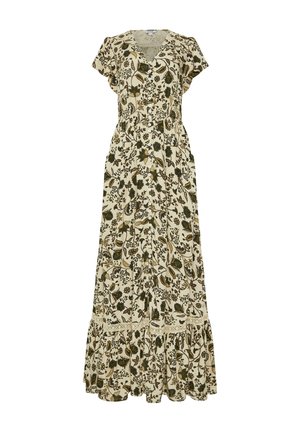 Robe longue à manches courtes à motif floral, avec boutons sur le devant, encolure en V, taille élastique et ourlet à volants dans des tons beige et vert foncé.