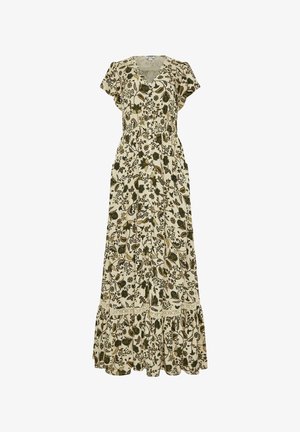 Robe longue à manches courtes à motif floral, avec boutons sur le devant, encolure en V, taille élastique et ourlet à volants dans des tons beige et vert foncé.