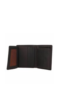 Donkerbruin leren portefeuille, bifold ontwerp met meerdere kaartsleuven, een doorzichtige ID-venster en een textuuraccent. Gladde interieurafwerking.