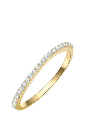 Gold ring featuring a slim band, adorned with small, round clear stones set in a continuous line around the top edge.