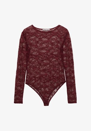 Weinroter Spitzenbody mit langen Ärmeln, mit floralem Muster, rundem Ausschnitt und Druckknopfverschluss am Saum. Leichte Textur.