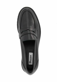 Zwarte leren instappers met een gladde textuur, voorzien van een decoratieve band over de bovenkant en een ronde neus. Dune London-logo zichtbaar aan de binnenkant.