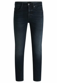 Dark blue denim jeans with a slim fit design, featuring a five-pocket style, metal button closure, and subtle fading across the thighs.