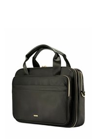 Czarna torba na laptopa z nylonu, z podwójnymi uchwytami, wieloma zamykanymi kieszeniami oraz gładką fakturą. Posiada akcenty z hardware w kolorze złotym.