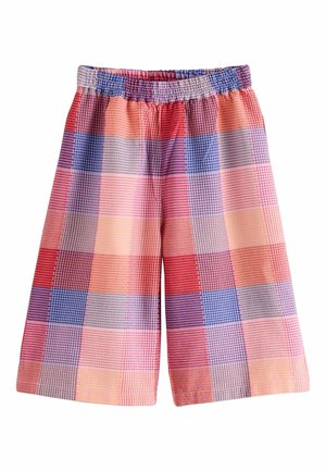 Szorty o średniej długości z elastycznym pasem, z wielokolorowym wzorem w kratę w odcieniach czerwieni, niebieskiego, różu i oranżu.