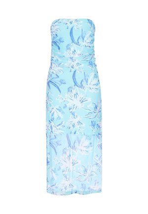 Lichtblauwe strapless midi-jurk met wit- en blauw bloemenpatroon en een gerimpeld taille-detail.