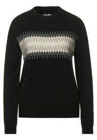 Black knitted sweater with a round neckline, featuring a textured beige and white geometric pattern across the chest. Ribbed cuffs and hem.