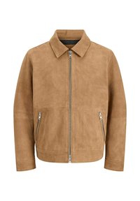 Brun læderjakke med lynl�ås, spids krave og to sidelommer med lynlås; glat tekstur med et minimalistisk design.