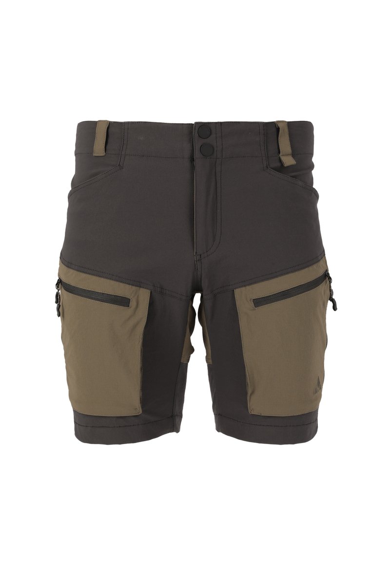 Tweedelfärgade shorts i mörkgrått och olivgrönt, tillverkade av lättviktigt material. Har blixtlåsfickor på sidorna och en åtsittande midja med knappar.
