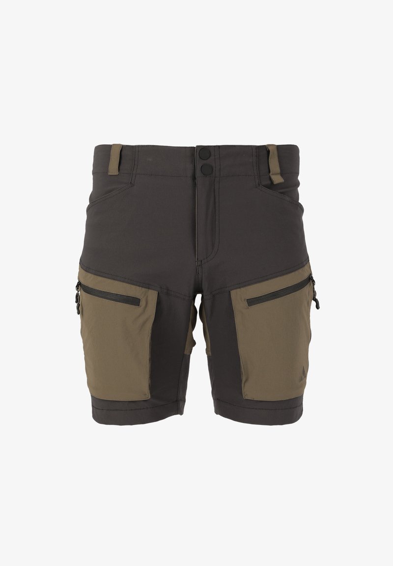 Kaksiväriset shortsit tummanharmaana ja oliivinvihreänä, tehty kevyestä kankaasta. Sisältää vetoketjulliset sivutaskut ja tiukat vyötärönauhat, joissa on napit.