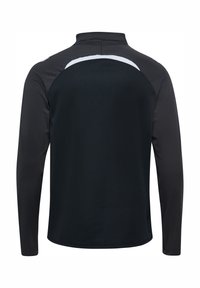 Long-sleeve athletic shirt in solid black with a textured body, smooth shoulder panels, and a white accent across the upper back.