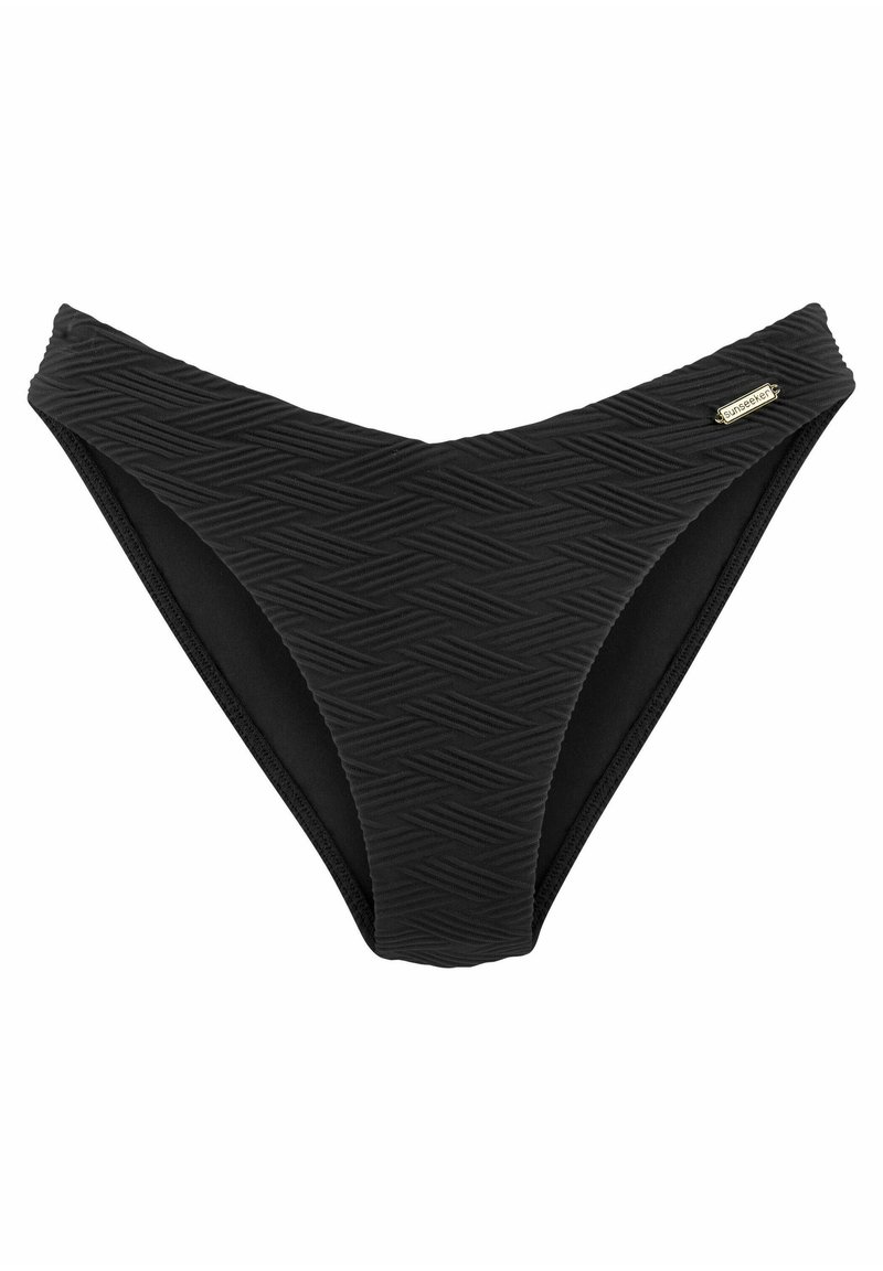 Juodas bikini apačia su tekstūriniu geometriniu raštu, V formos priekyje, ir logotipo akcentu. Pagaminta iš elastingos, lygaus audinio.