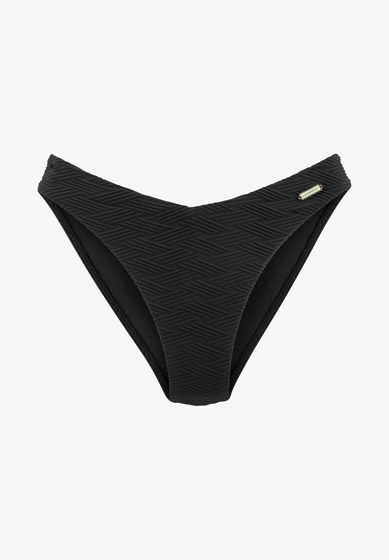 Juodas bikini apačia su tekstūriniu geometriniu raštu, V formos priekyje, ir logotipo akcentu. Pagaminta iš elastingos, lygaus audinio.