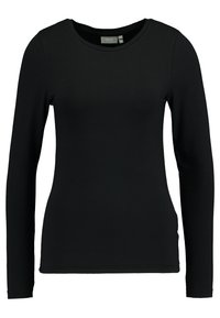 Schwarzes Langarmshirt aus weichem Baumwollmischgewebe. Verfügt über einen Rundhalsausschnitt und eine figurbetonte Silhouette mit glatter Textur. Keine Muster oder Akzente.