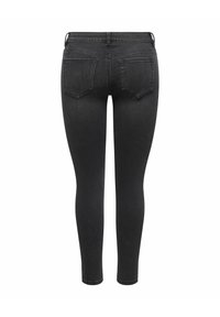 Jean noir en denim à coupe slim avec taille haute, deux poches arrière et passants pour ceinture, présenté de dos sur un fond blanc.