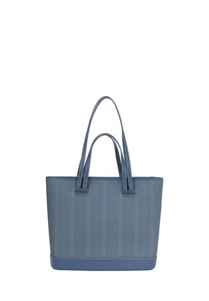 Blå denim tote-väska med dubbla handtag, med vertikala sömmar och en kontrasterande blå syntetisk bas.