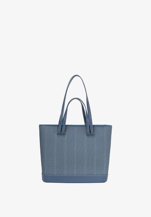Kék farmer táska dupla fogantyúval, függőleges varrásmintákkal és kontrasztáló kék szintetikus alappal.