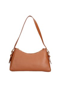 Borsa a spalla in pelle marrone con una forma curva, chiusura con zip, tracolla regolabile e dettagli di cucitura sottili sui lati.