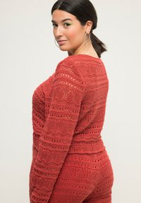 Rostfarbenes, kunstvoll gehäkeltes Sweatshirt mit einem strukturierten, offenen Muster. Verfügt über lange Ärmel und eine schmeichelhafte Passform an der Taille.