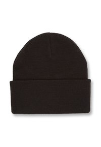 Black knitted beanie hat with a rolled cuff. Features a smooth texture and a fitted design, suitable for cold weather.