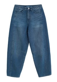 Hoge taille, losse pasvorm blauwe denim jeans. Kenmerken zijn onder andere twee voorzakken, vervaagde textuur en een knoopsluiting, met rechte, taps toelopende pijpen.