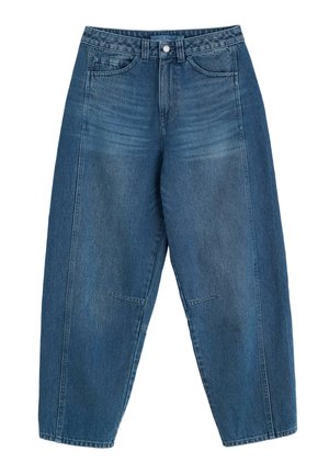 Jean en denim bleu taille haute, coupe ample. Comprend deux poches avant, une texture décolorée et une fermeture à bouton, avec des jambes droites et fuselées.