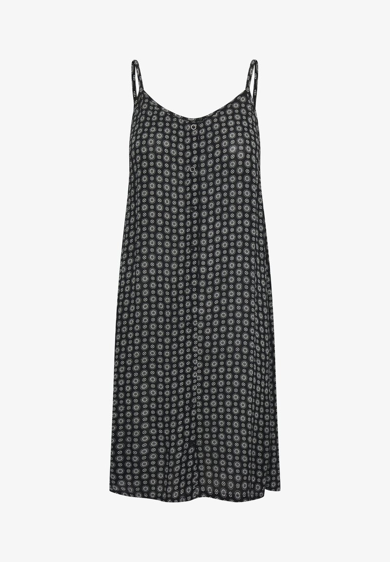 Robe noire sans manches avec fines bretelles et petit motif floral circulaire blanc sur toute la surface.