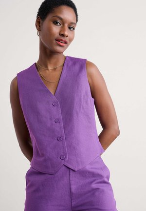 Purple linen vest with a V-neckline, five buttons down the front, sleeveless design, and a slightly fitted shape.