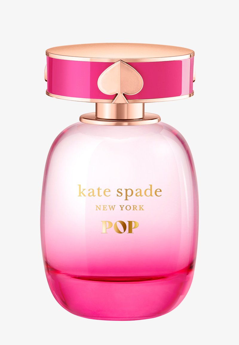 Flacon de parfum Kate Spade Pop ombré rose avec lettrage doré et bouchon en or rose avec un emblème pique.
