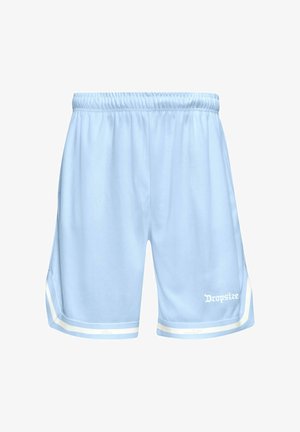 Light blue athletic shorts with elastic waistband, white double stripes on sides and bottom hem, and white "Dropsize" text on left leg.