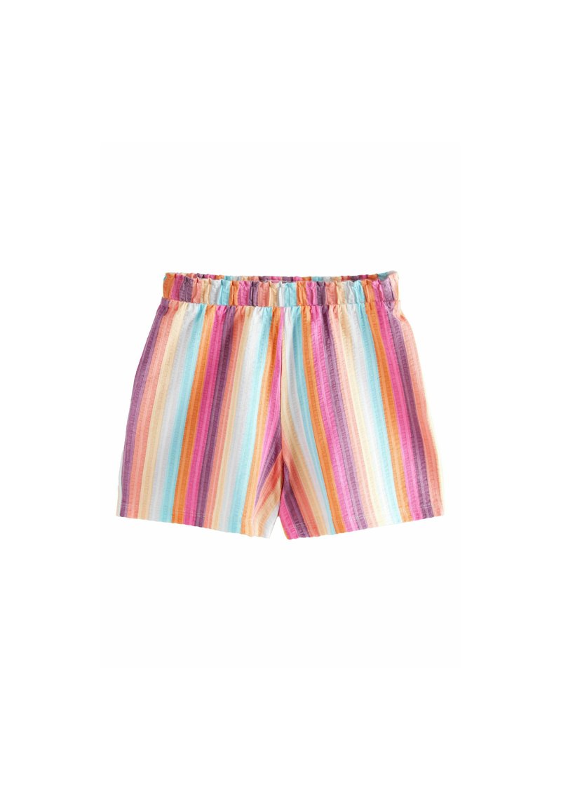 Shorts rayés avec une taille élastique dans des tons de rose, bleu, orange et jaune ; tissu léger et texturé avec des lignes verticales.