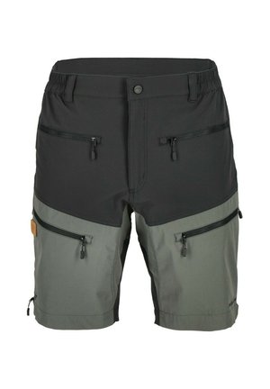 Two-tone shorts with a black upper section and gray lower section. Features zippered pockets, a button closure, and elastic waistband.