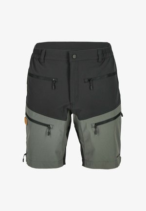 Two-tone shorts with a black upper section and gray lower section. Features zippered pockets, a button closure, and elastic waistband.