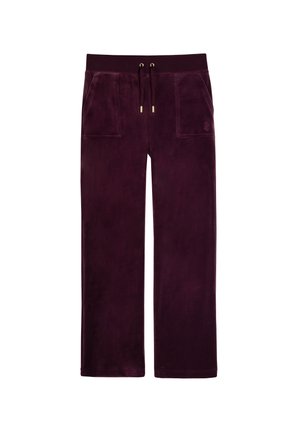 Plüschige, weit geschnittene Lounge-Hosen in tiefem Lila, mit einem Kordelzugbund, zwei Fronttaschen und dezentem Logo-Stick.